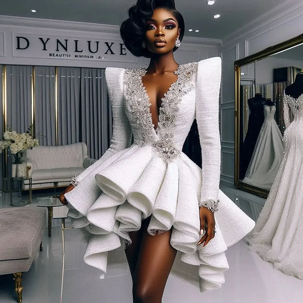 African Women Prom Dresses With Deep V Neck Lace Appliques Beads Ruffles Evening Dress vestidos de fiesta Girls Birthday Gowns